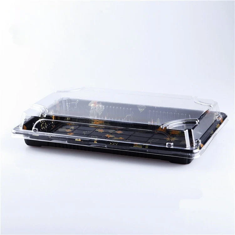 Black plastic sushi tray with clear transparent lid , sushi display plastic trays