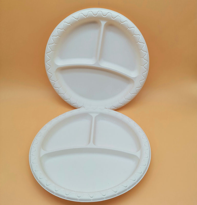 3 Compartments 9 Inch Biodegradable Disposable Sugarcane Bagasse Plate