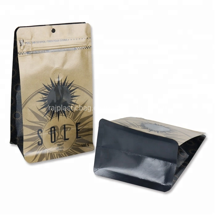 Recyclable Block Bottom Kraft Paper Packaging Custom Printed Paper Coffee Bag with Valve Ziplock Pouches