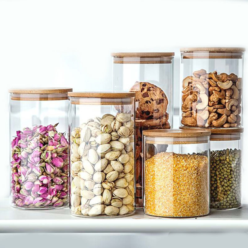Clear Cylinder Containers with Bamboo Lid High Borosilicate Glass Food Storage Jars