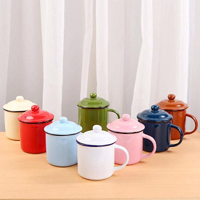 Tea Cup Mug Vintage Coffee Cup Enamel Cup with Lid