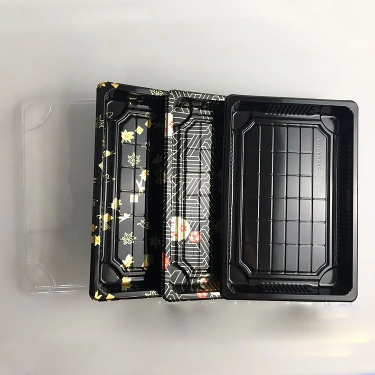 Black plastic sushi tray with clear transparent lid , sushi display plastic trays
