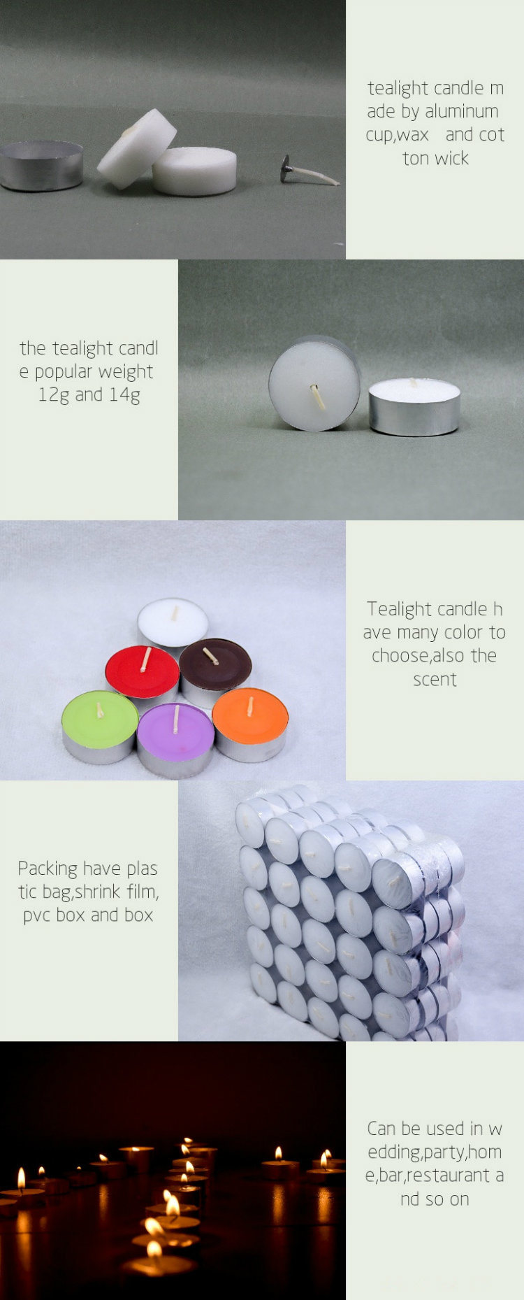 12g/14G Unscented Party Supplies White/Color Plastic Bag Wax Tealight Candle