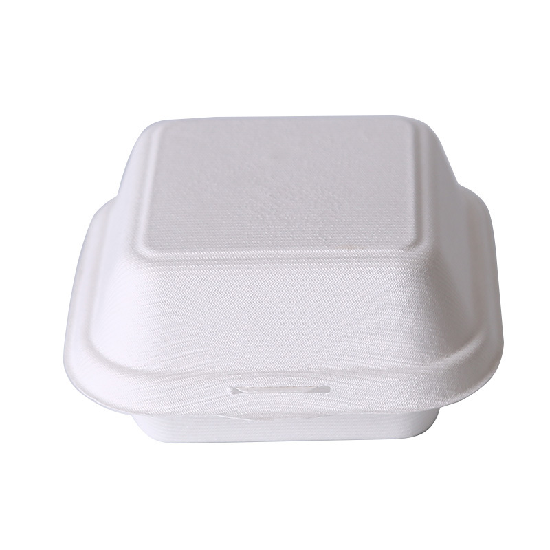 Disposable Sugarcane Pulp Hamburger Packing Box with Connected Lid