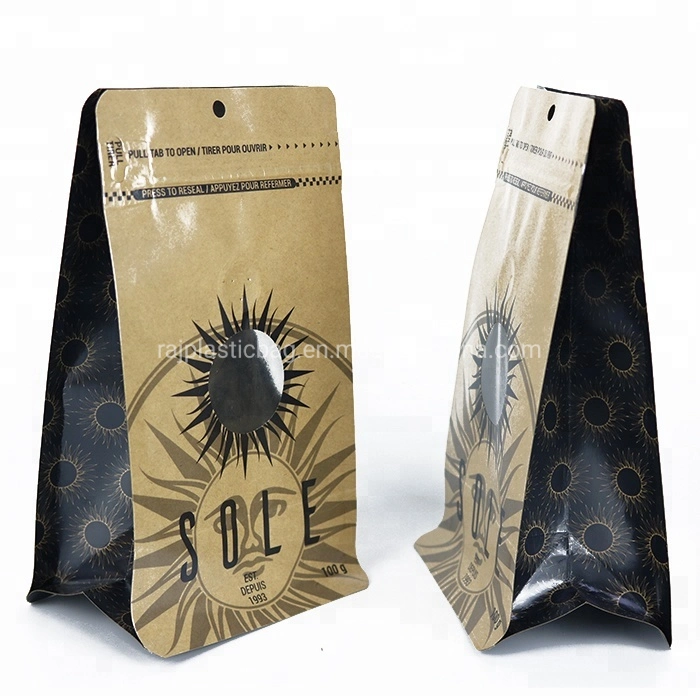 Recyclable Block Bottom Kraft Paper Packaging Custom Printed Paper Coffee Bag with Valve Ziplock Pouches