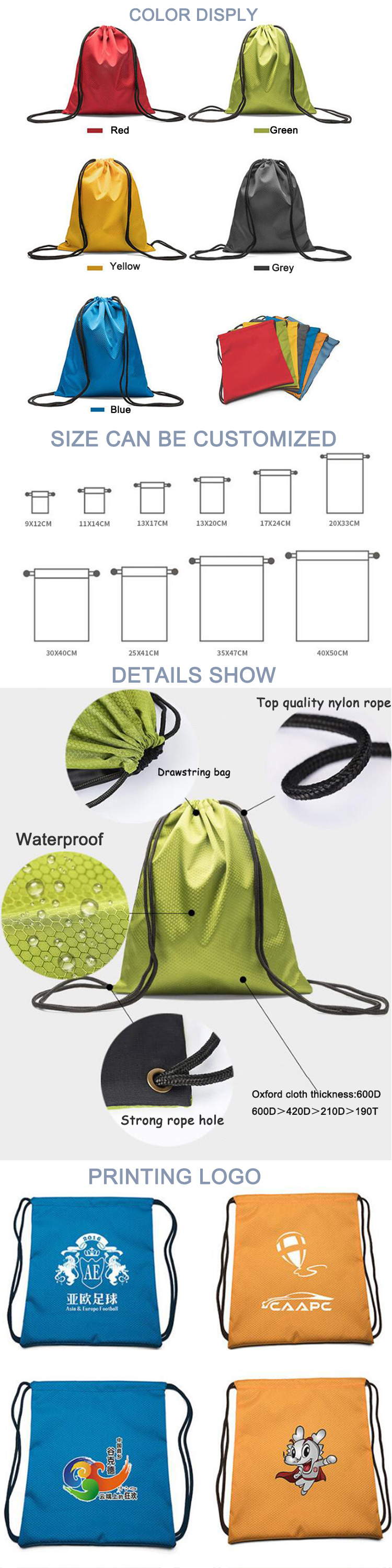 Promotion Bags Custom 210d Polyester Waterproof Drawstring Bag
