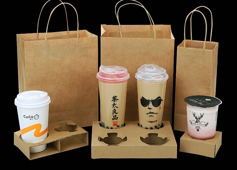 Takeaway Craft Paper Bag with Paper Cup Holder Set for Drinks
