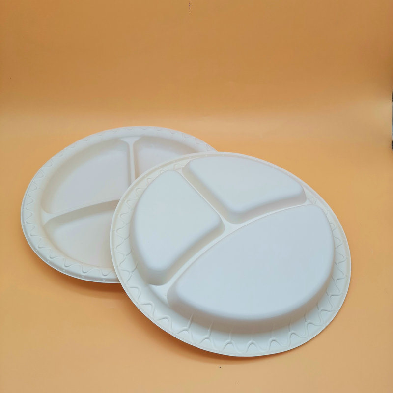 3 Compartments 9 Inch Biodegradable Disposable Sugarcane Bagasse Plate