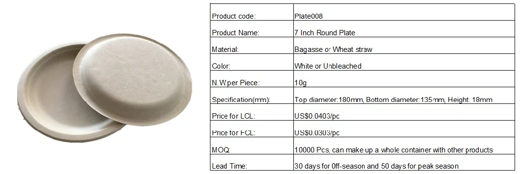Biodegradable Bagasse Plate 7inch Natural Sugarcane Dessert Plate