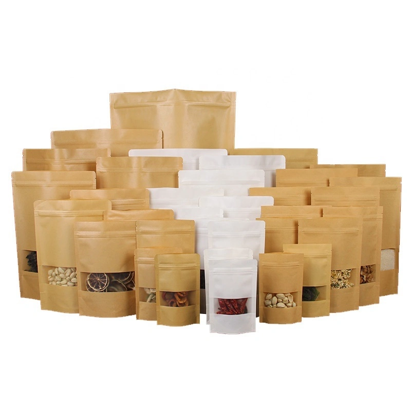 Free Samples Reuseable Standing up Pouches White Brown Kraft Paper Bag with Clear Window