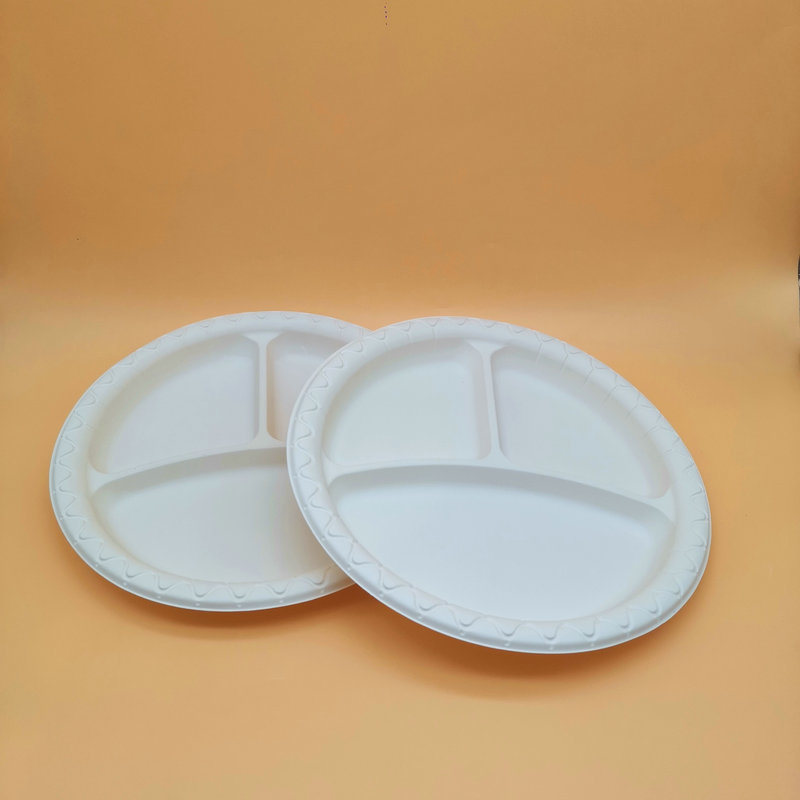 3 Compartments 9 Inch Biodegradable Disposable Sugarcane Bagasse Plate