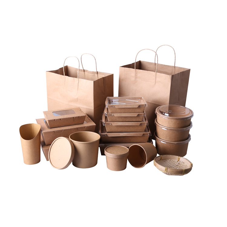 Disposable Food Container Brown Kraft Paper Soup Bowl with Lid