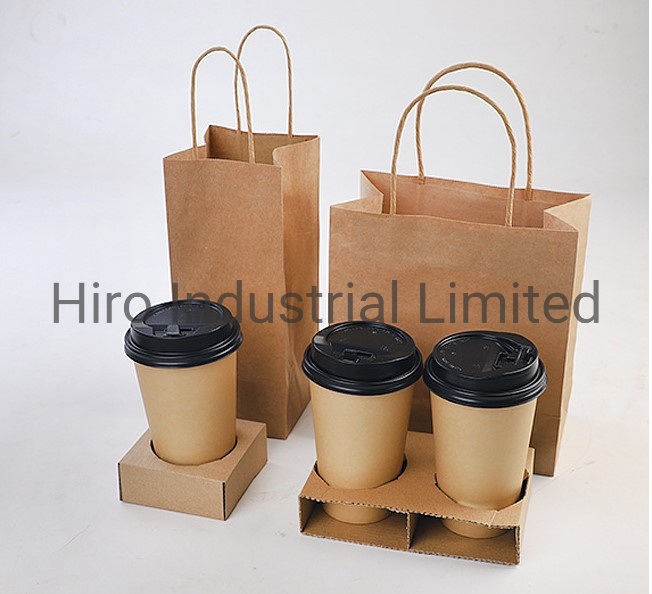 Takeaway Craft Paper Bag with Paper Cup Holder Set for Drinks