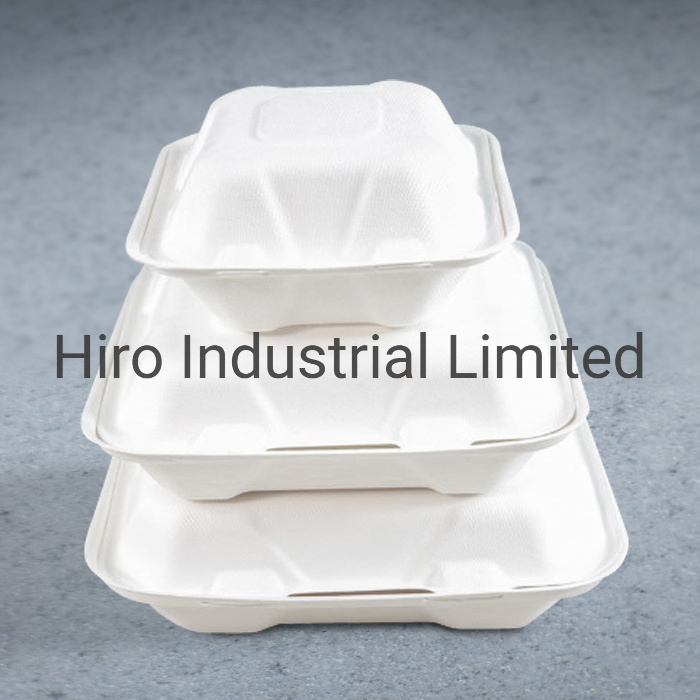 1350ml Bleached Biodegrable Disposable Sugarcane / Bagasse Clamshell Food Box