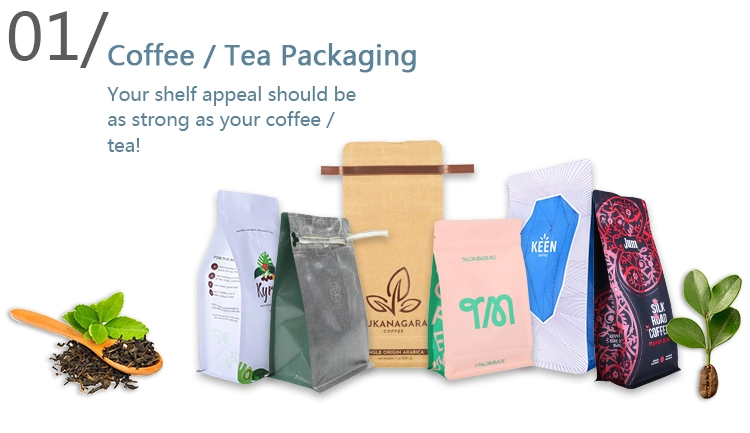 Aluminum Foil Kraft Paper Block Bottom Coffee Tea Pouch with Tin Tie