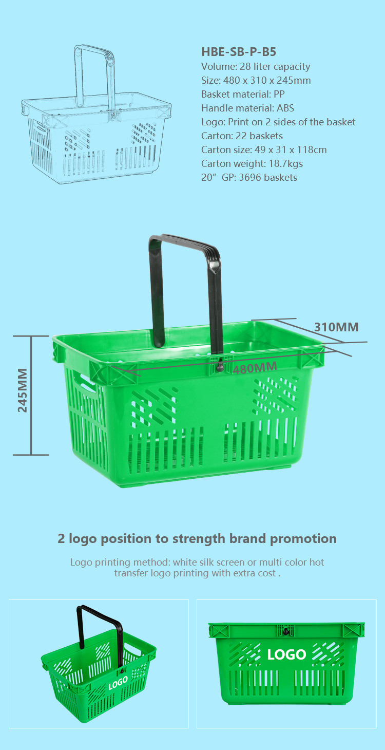 Standard Single Handle Plastic Portable Supermarkett Plastic Hand Shopping Basket