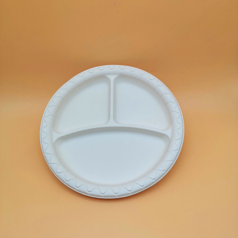 3 Compartments 9 Inch Biodegradable Disposable Sugarcane Bagasse Plate