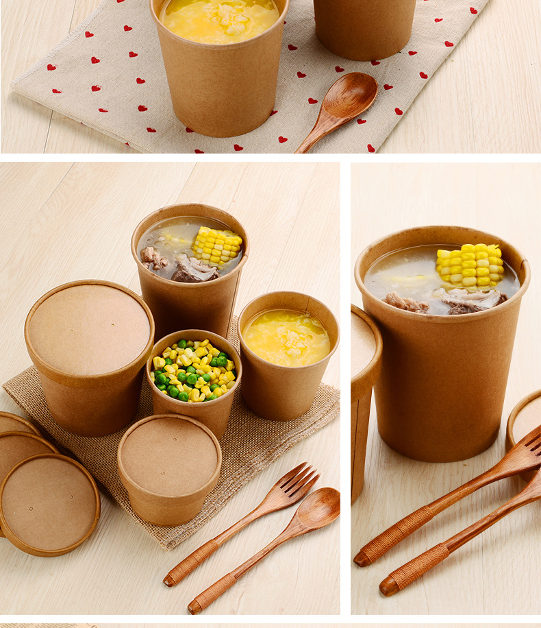 Eco Friendly Kraft Soup Bowl Ice Cream Hot Cold Drink Dessert Packaging Food Grade Takeaway Disposable Paper Cup with Lid