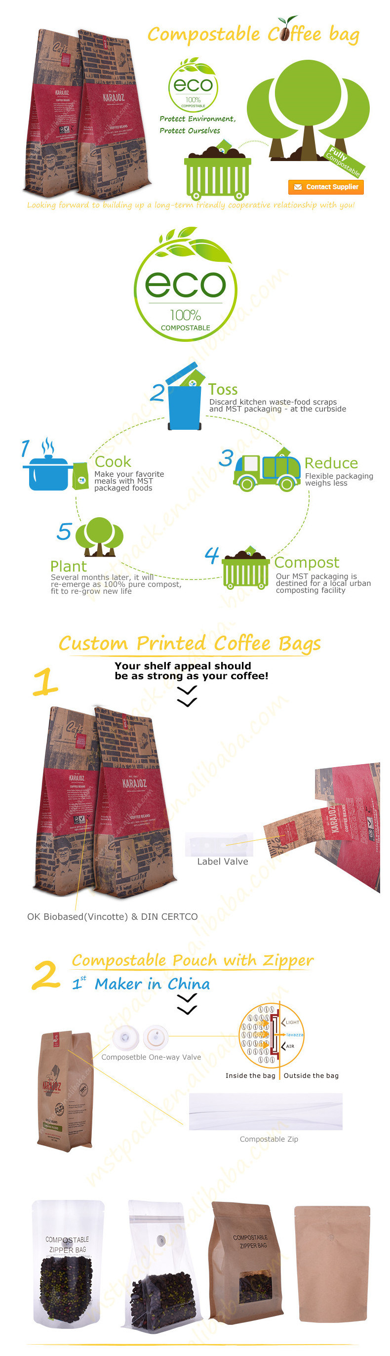 Ziplock Flat Bottom Pouch Biodegradable Coffee Packaging Bag with Valve
