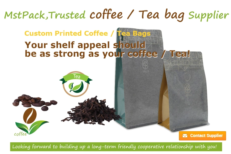 Aluminum Foil Kraft Paper Block Bottom Coffee Tea Pouch with Tin Tie