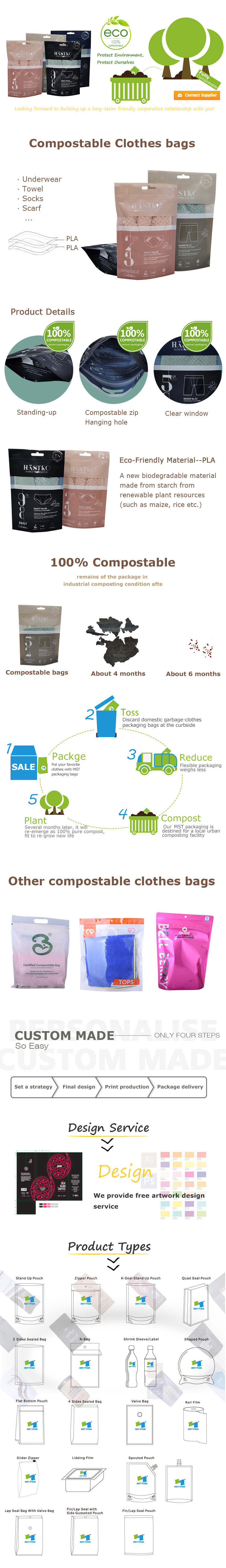 PLA Bag Plastics with Zipper 100% Compostable Bag