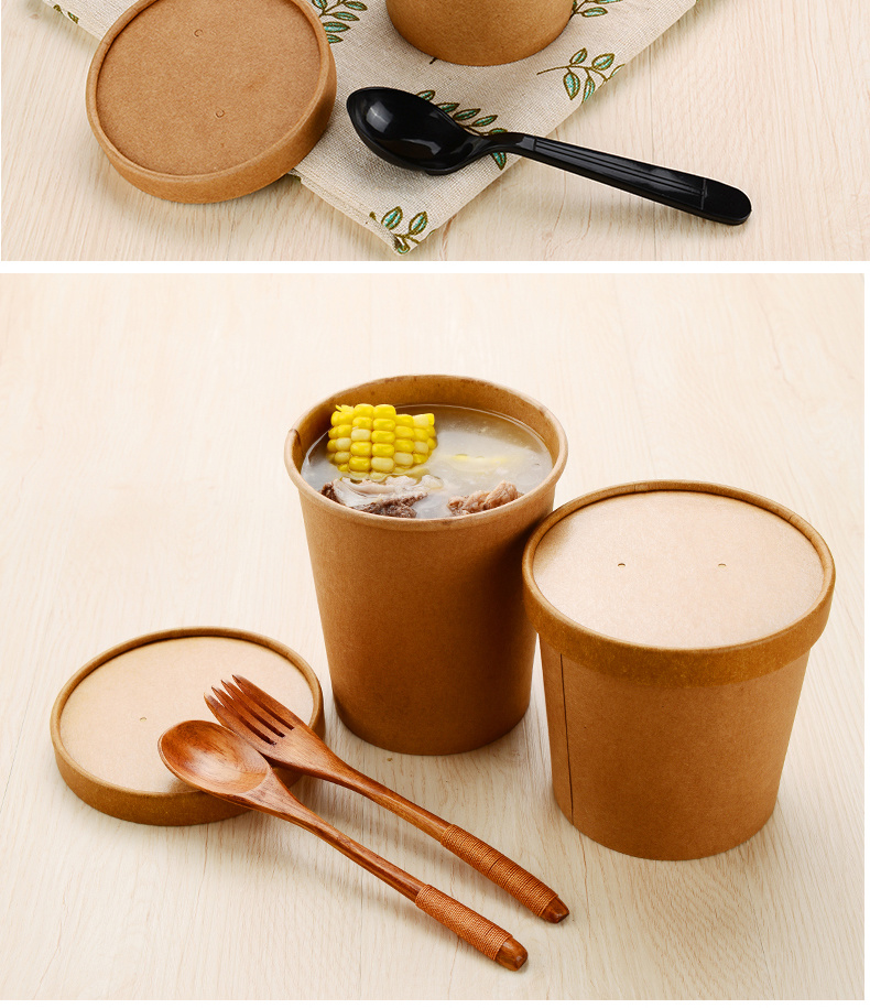 Eco Friendly Kraft Soup Bowl Ice Cream Hot Cold Drink Dessert Packaging Food Grade Takeaway Disposable Paper Cup with Lid