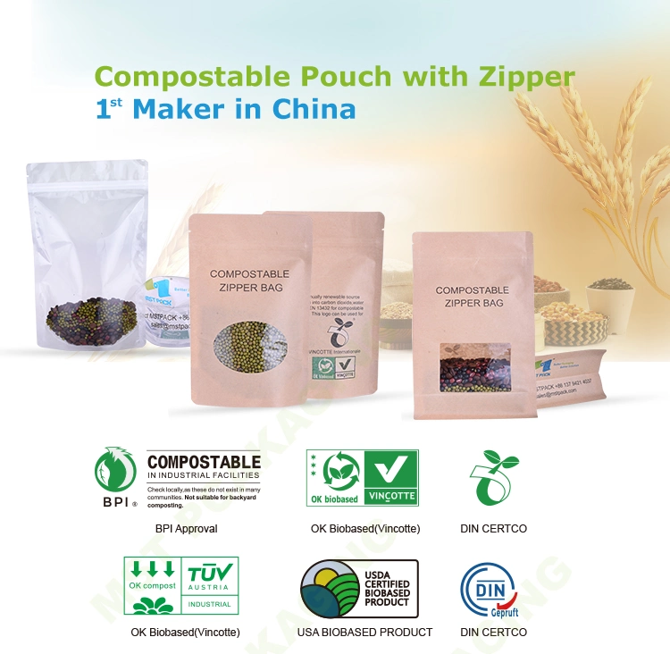 Custom Printed Eco Friendly Biodegradable Compostable Tea Coffee Brown Kraft Paper Pouch Bag