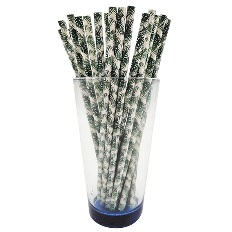 Disposable Kraft Paper Straws Eco-Friendly Green Leaves Pattern Drinking Straws for Party Decor Drinkware Supplies