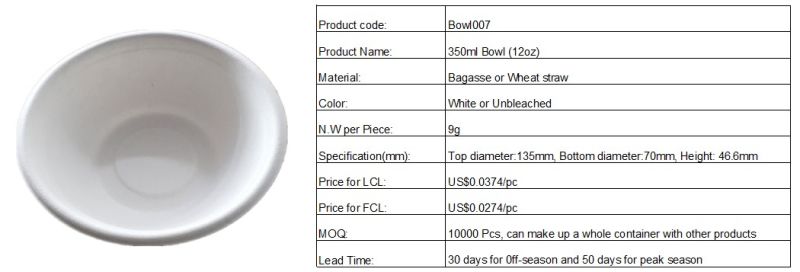 350ml Biodegradable Bagasse Bowl Sugarcane Bowl