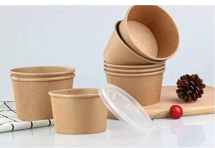 Disposable Eco Friendly Kraft Paper Salad Bowl 750ml with Pet Lids Kraft Paper Soup Bowl with Lid