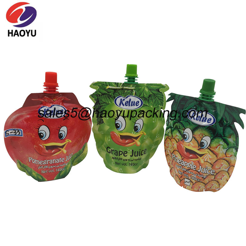 Custom 180ml Beverage Irregular Shape Plastic Bag Baby Fruit Juice Plastic Packaging Bag with Spout