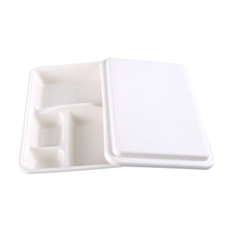 Degradable Four and Five Compartments Microwavable Lunch Packing Boxes Take Away Sugar Cane Pulp Boxes