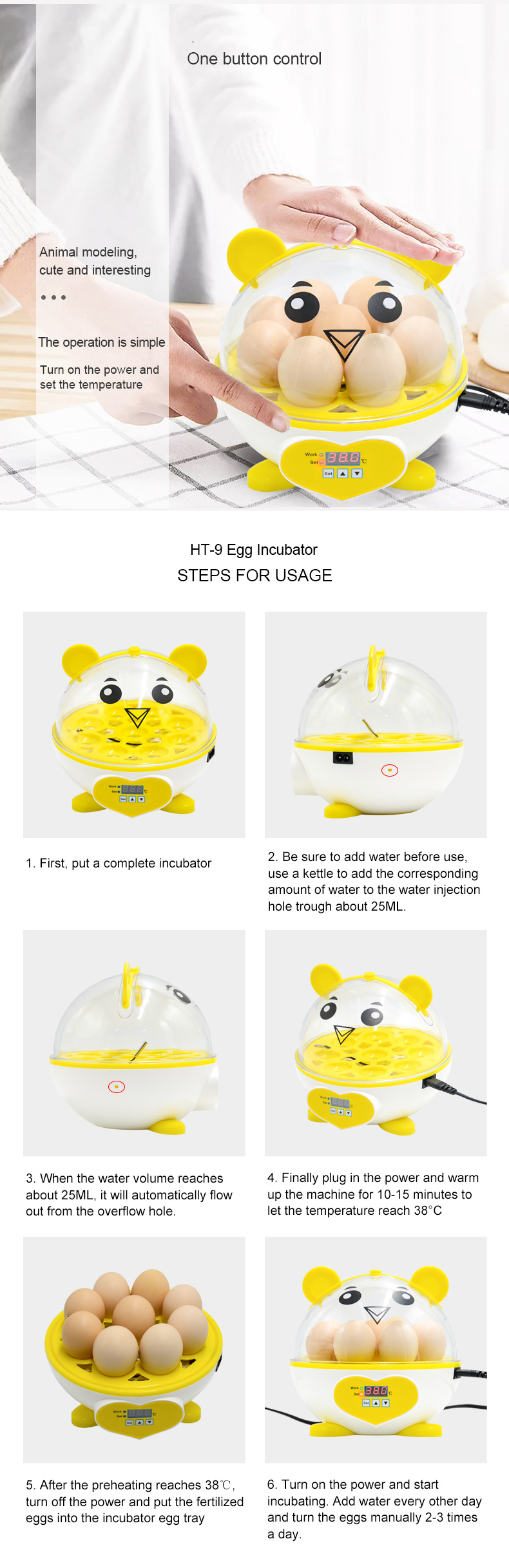 High Hatching Rate Ht-9 Mini Automatic Chicken/Duck/Quail/Pigeon Egg Incubator