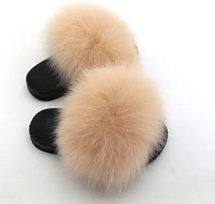 Soft Children Fox Fur Slippers/ Kids Real Fur Sandals/ Baby Fur Slides Fur Slides