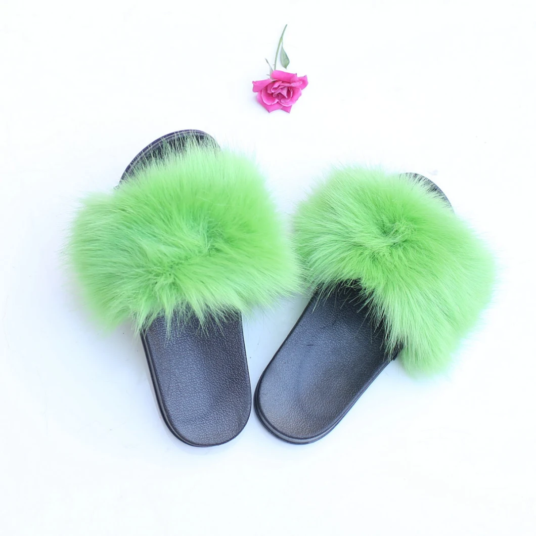 Women Fur Slippers Fluffy Fox Fur Sandals Fur Upper Lady Slipper