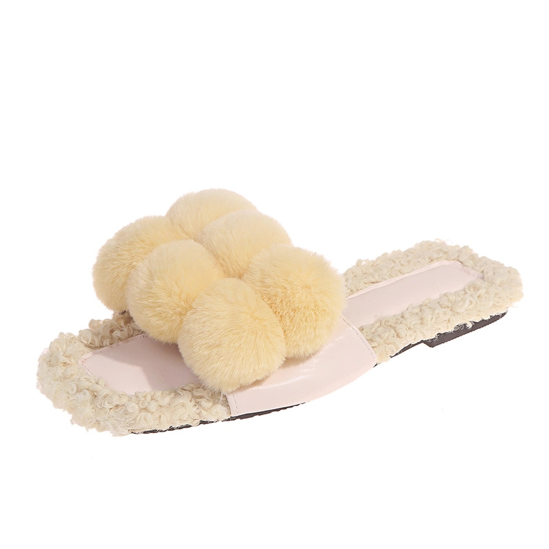 Chinese Factory Contrast Color Fur Ball Sandals Slides Fashion Wholesale Fur Slippers for Women