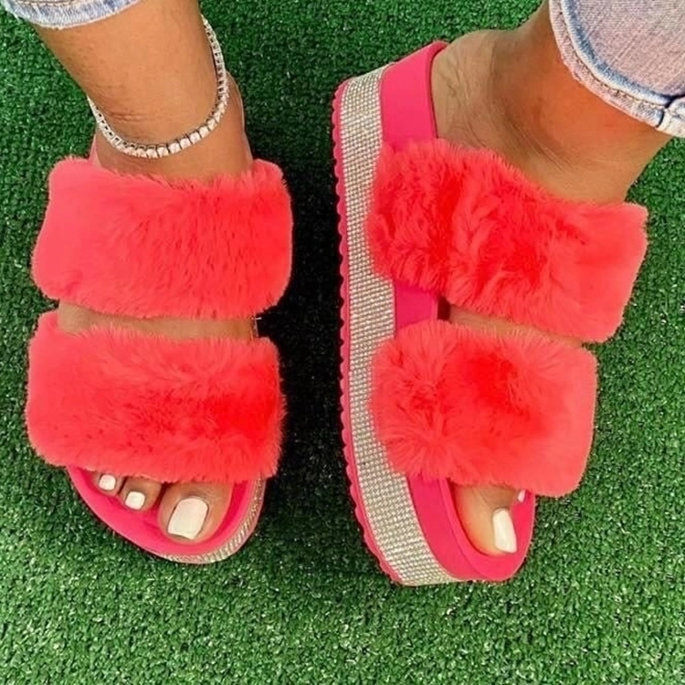 Autumn Winter Women Fur Slippers Fox Fur Shoes Outdoor Fur Slides Sandals for Ladies