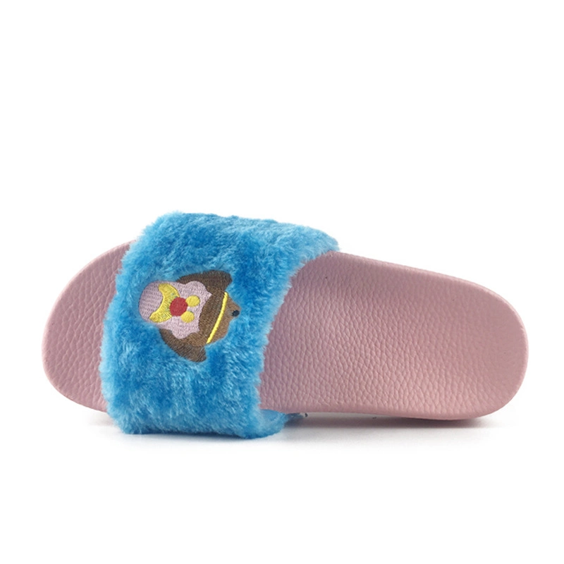 Fashion Ladies Fur Slippers with Colorful Fur Upper Blue Slippers Slide Sandals