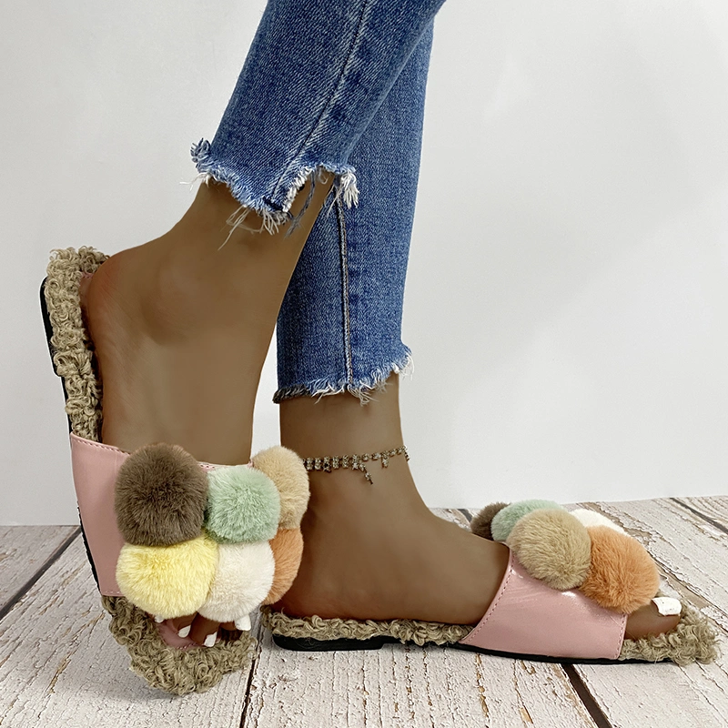 Chinese Factory Contrast Color Fur Ball Sandals Slides Fashion Wholesale Fur Slippers for Women