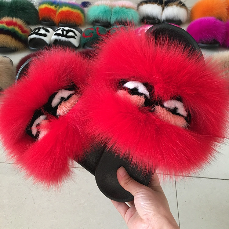 Hot Sales Plus Size Sandals Soft Fox Fur Slippers Women Real Fur Slides