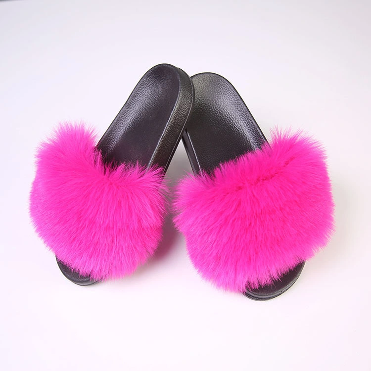 Women Fur Slippers Fluffy Fox Fur Sandals Fur Upper Lady Slipper