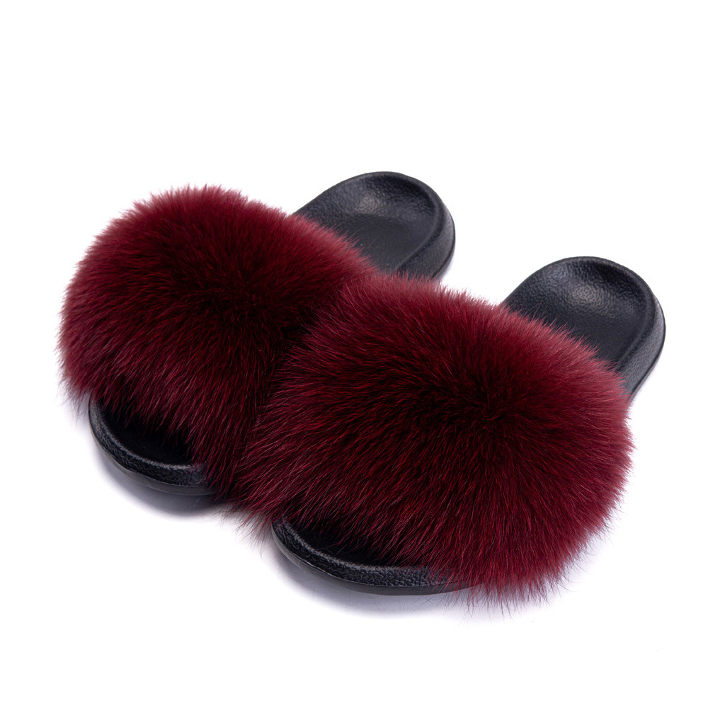 Factory Price Women 100% Fox Fur Slides Slippers Real Fox Fur Slides Genuine Fur Slide Sandals