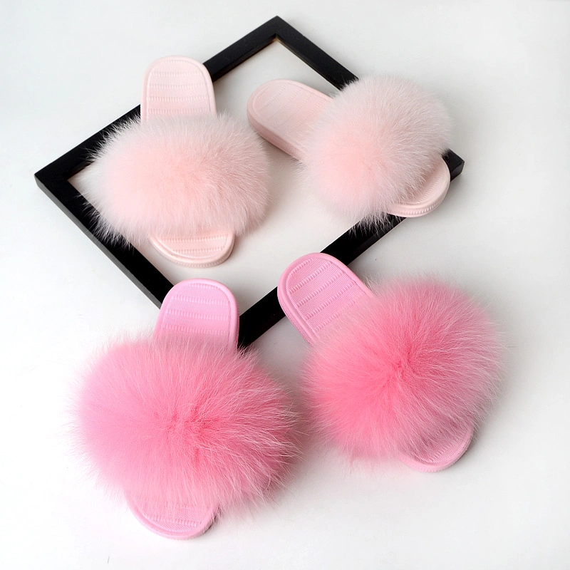 Wholesale Women Fur Slippers Real Fox Fur Genuine Fur Slide Sandals