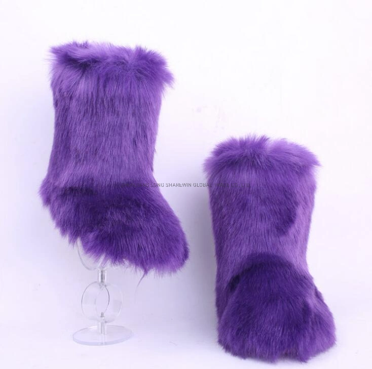Fluffy Faux Fox Raccoon Big Plush Fur Winter Women Soft Soles Auti Slip Snow Boots