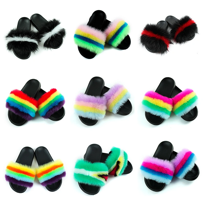Mixed Colors Fox Fur Slides for Women, Wholesale Fur Slippers