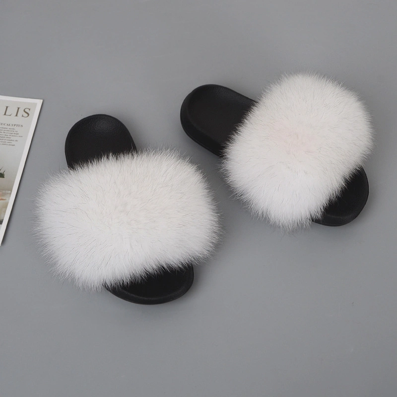 Pure Colors Female Slippers Fluffy Flat Women Slides Ladies Real Raccoon Fur Sandals