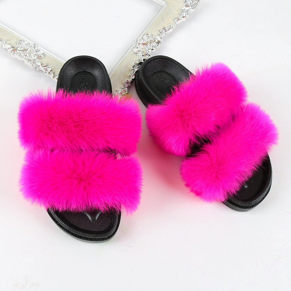 2020 Factory Wholesale Fur Slippers, Fox Fur Slides for Women, Ladies Shoes
