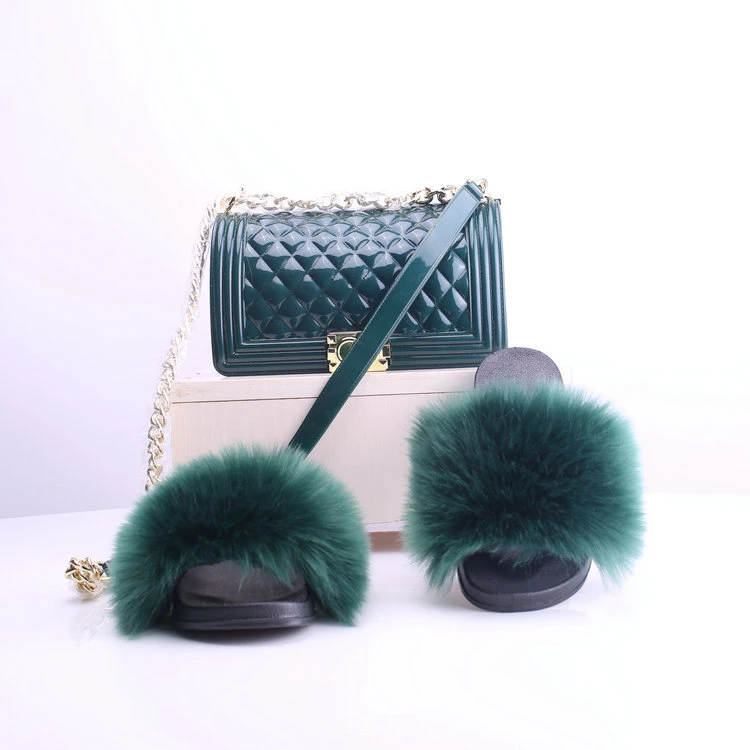 Wholesale Fur Slippers with Purse Set, New Fashion Trend Fur Slides Handbag Set Colorful