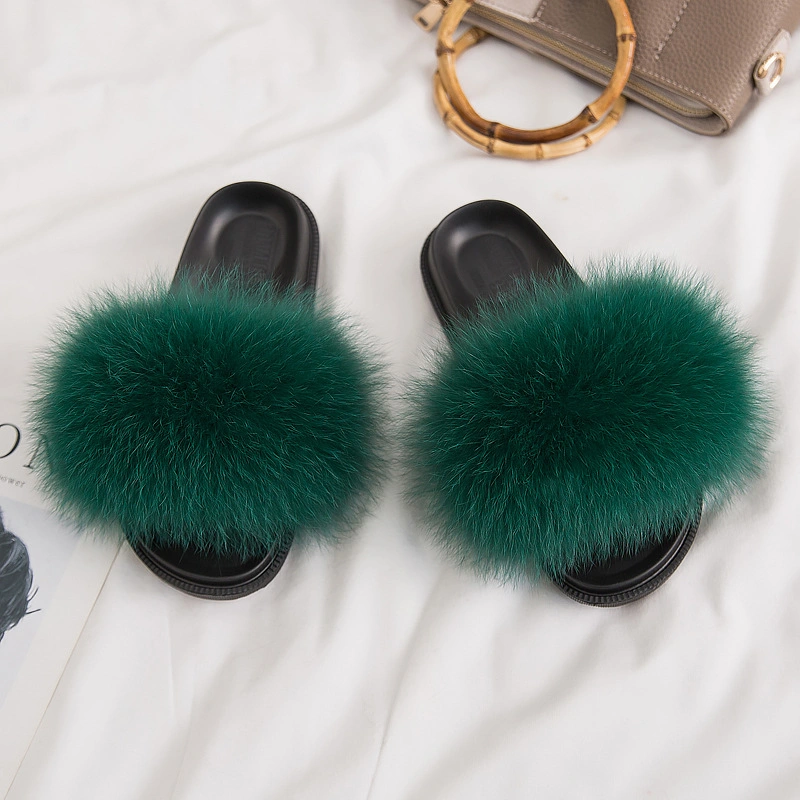 Colorful Women Use Real Fox Fur Slides Fur Sandals