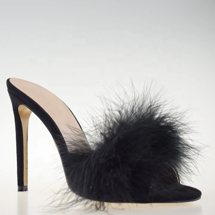 New Black Strap Cross Fur Style European High Heel Woman Sandals Shoes